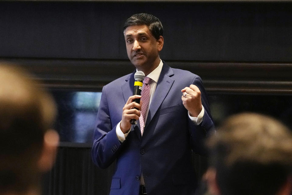 U.S. Rep. Ro Khanna, D-Ca., speaks to a group of college Democrats, Thursday, Feb. 22, 2024, in Ann Arbor, Mich. Khanna's visit to Michigan includes meetings with Arab American leaders in metro Detroit. The visit comes ahead of the state's Feb. 27 presidential primary. (AP Photo/Carlos Osorio)