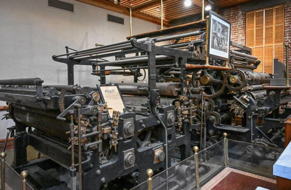 The press used to print the Fresno Republican newspaper is displayed during a news conference to announce the purchase of the Fresno Republican Printery building, more recently known as the Downtown Club, by the Fresno County Historical Society on Thursday, Oct. 5, 2023.