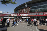 <p>A banner that reads “Thank You, Arsene” is placed outside the at the Emirates Stadium before the English Premier League soccer match between Arsenal and Burnley, in London, Sunday, May 6, 2018. The match is Arsenal manager Arsene Wenger’s last home game in charge after announcing in April he will stand down as Arsenal coach at the end of the season after nearly 22 years at the helm. (AP Photo/Matt Dunham) </p>