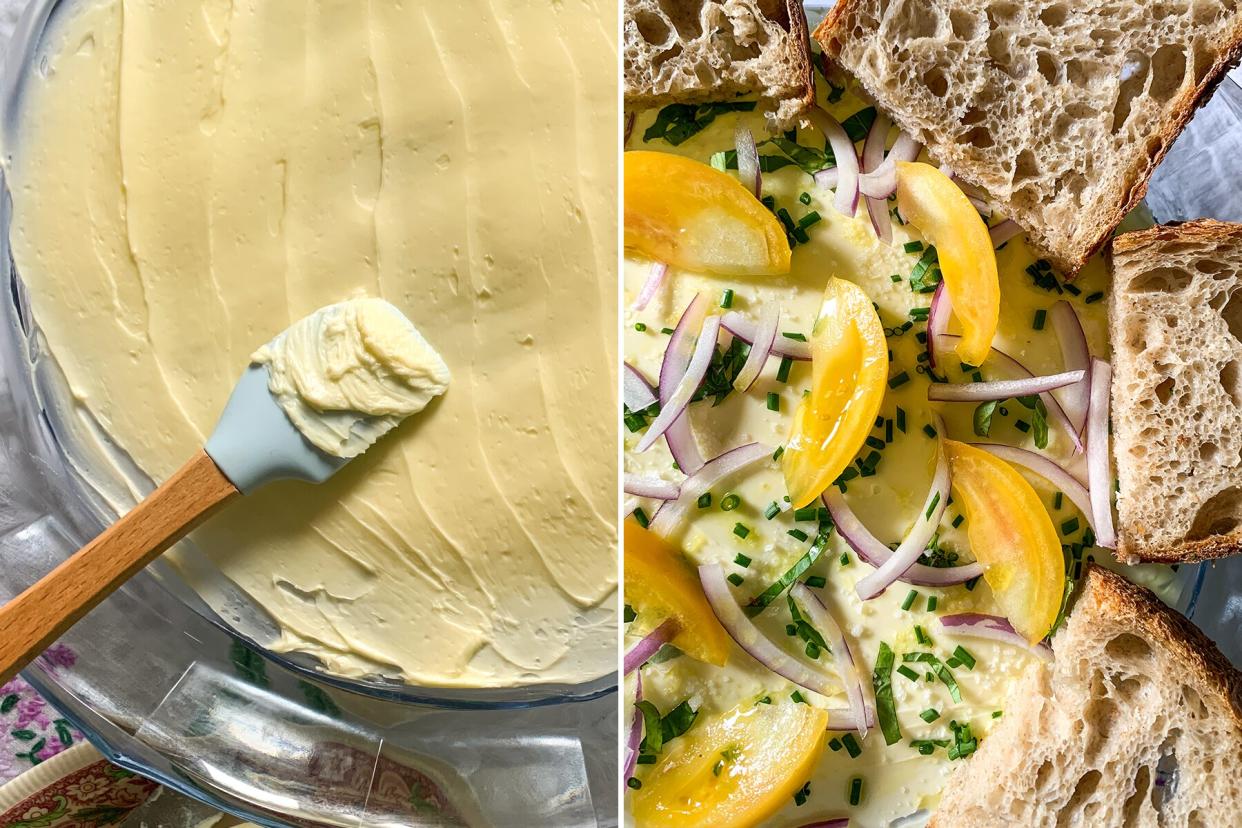 composite image of spread butter and finished butter board with slices of bread