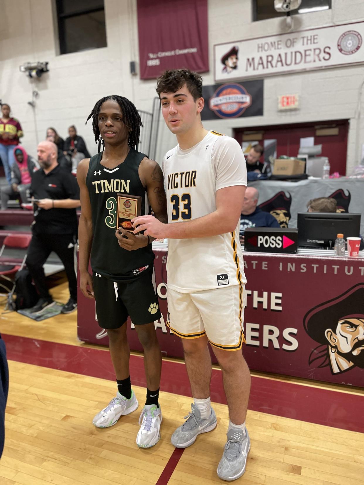 Victor's Nick Leonard, right, and Timon's Jaiden Harrison were honored as MVPs at the sixth annual Centercourt Classic on Saturday, Feb. 3, 2024 in Kenmore.