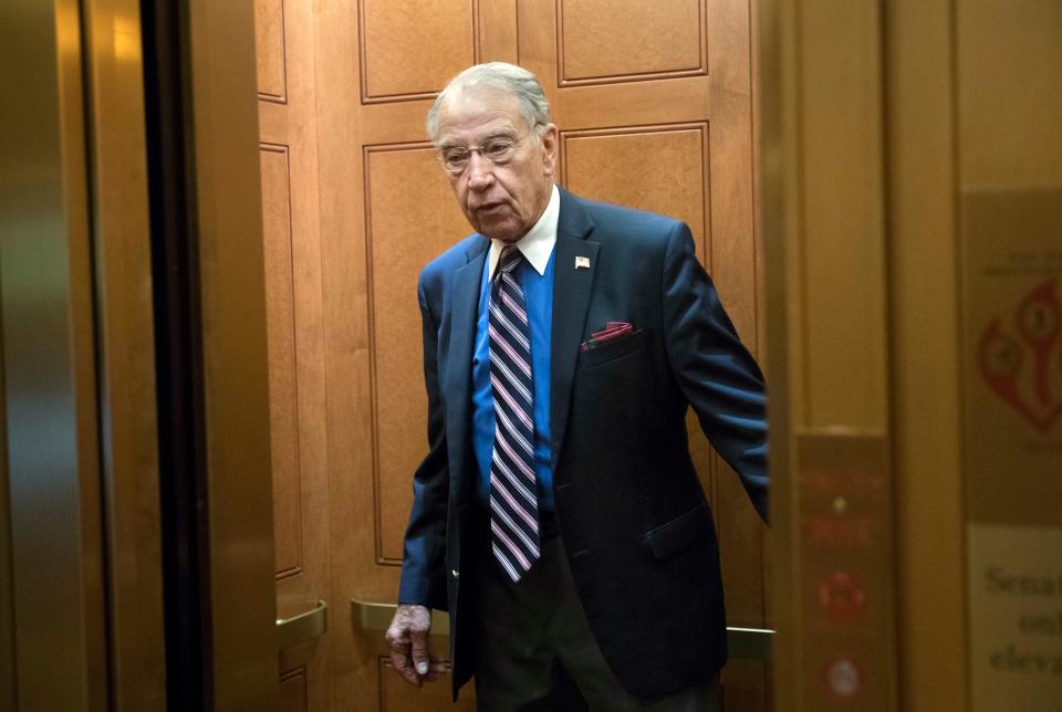 Senate Judiciary Committee Chairman Chuck Grassley, R-Iowa, arrives at the Capitol as his panel prepares to interview Donald Trump Jr., behind closed doors about the meddling and possible Russian links to President Donald Trump's 2016 presidential campaign, in Washington, Thursday, Sept. 7, 2017.