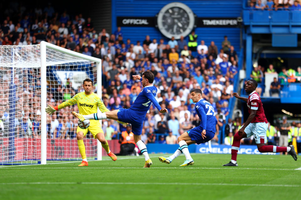 LONDON, ENGLAND - SEPTEMBER 03: Ben Chilwell of Chelsea scores their team's first goal past Lukasz Fabianski of West Ham United during the Premier League match between Chelsea FC and West Ham United at Stamford Bridge on September 03, 2022 in London, England. (Photo by Bryn Lennon/Getty Images)