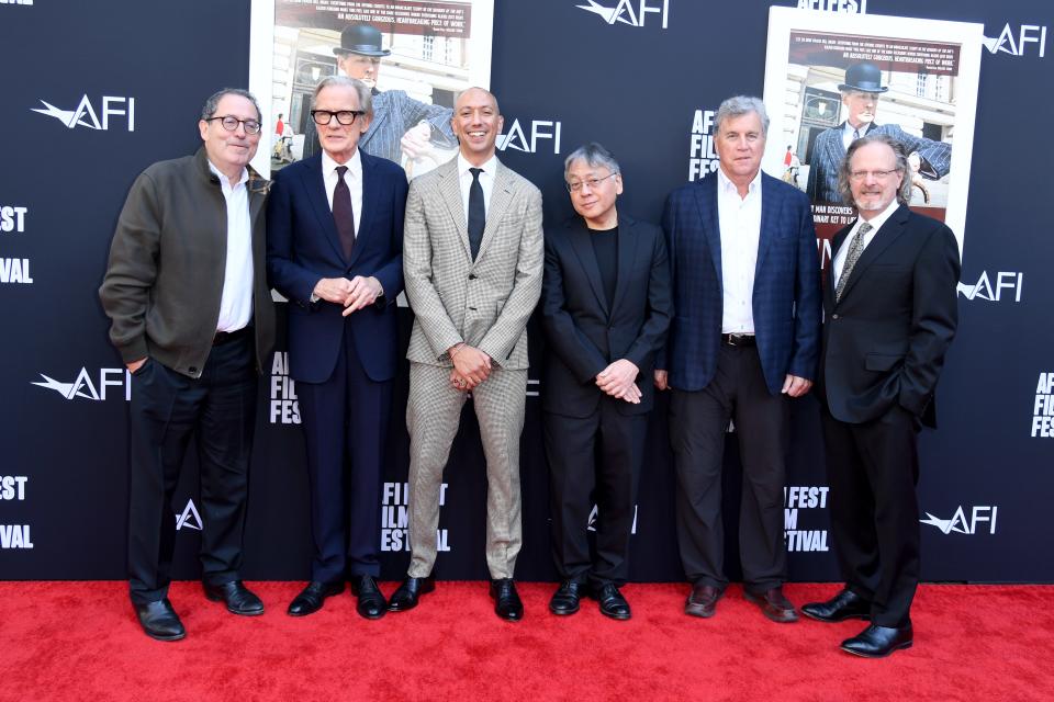 Michael Barker (left to right), Bill Nighy, Oliver Hermanus, Kazuo Ishiguro, Tom Bernard and Bob Gazzale attend the "Living" premiere during the 2022 AFI Fest at TCL Chinese Theatre on Nov. 6, 2022, in Hollywood.