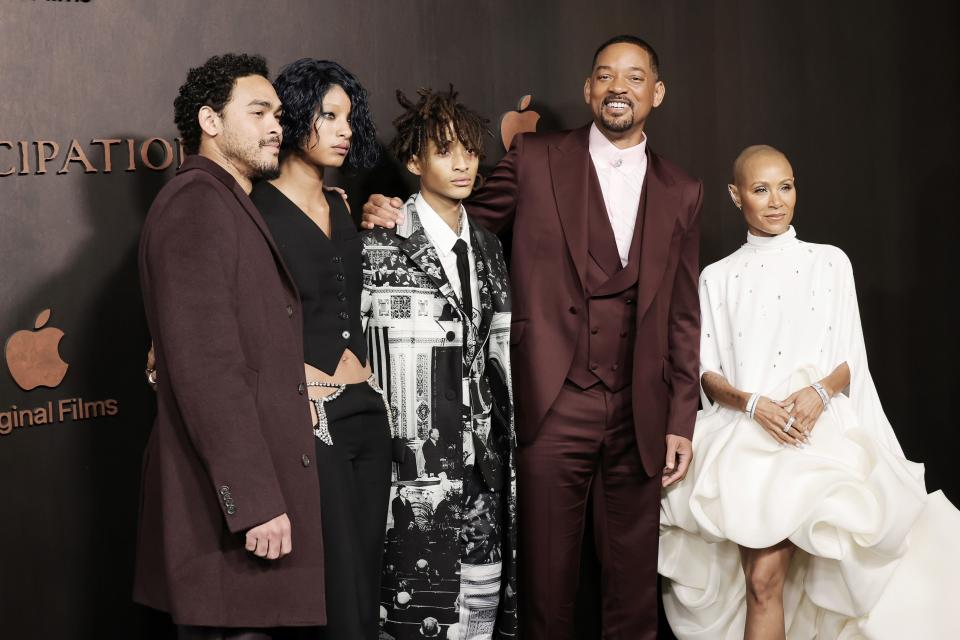 Trey Smith, Willow Smith, Jaden Smith, Will Smith, and Jada Pinkett Smith at the premiere of Apple Original Films' "Emancipation" on November 30, 2022.