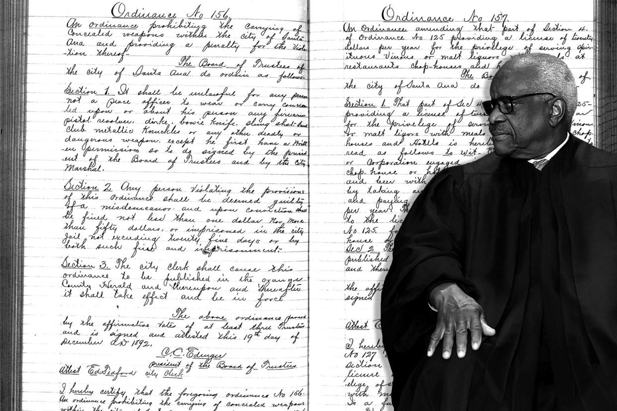 Justice Clarence Thomas stares over a cursively written set of gun regulations from the 1800s.