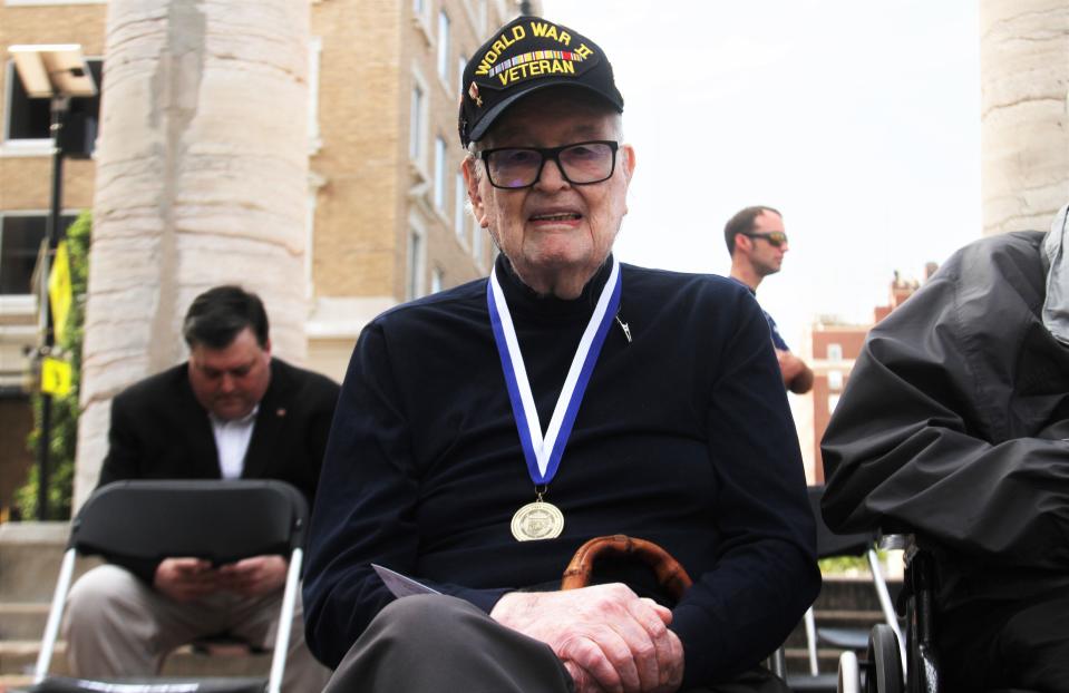 World War II Veteran James Thompson, 96, is seen after the Military Officers Association of Mid-Missouri's Memorial Day Wreath-Laying Ceremony on May 29, 2023, in Columbia, Mo. Thompson was one of the ceremony's special guests.