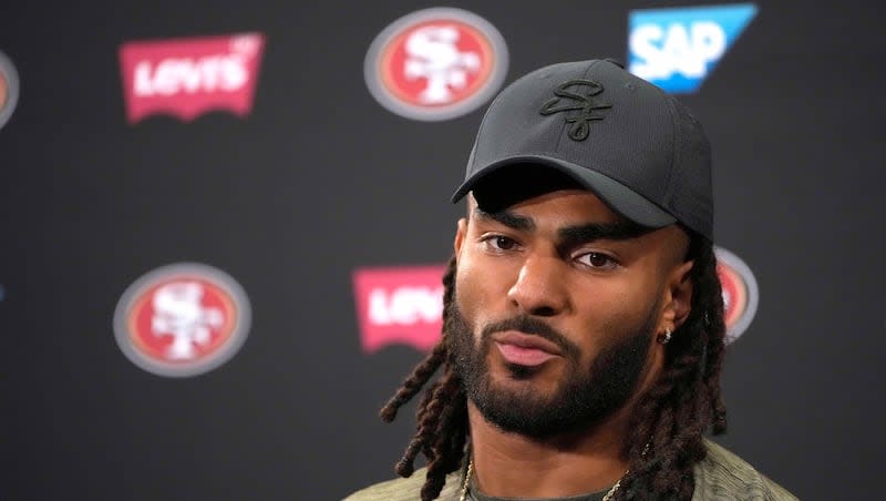 San Francisco 49ers linebacker Fred Warner speaks to reporters before a practice at the team's NFL football training facility in Santa Clara, Calif., Thursday, Feb. 1, 2024. Warner became a first-time father last week.