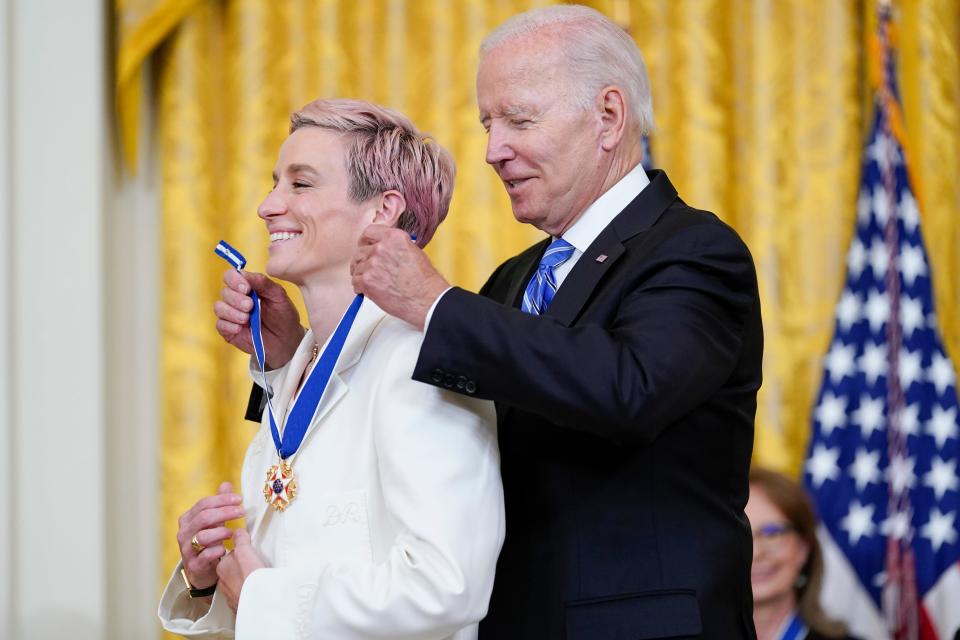 President Joe Biden awards the nation's highest civilian honor, the Presidential Medal of Freedom, to Palo Cedro native and Olympic gold medalist Megan Rapinoe during a ceremony in the East Room of the White House on Thursday, July 7, 2022. Rapinoe is a prominent advocate for gender pay equality, racial justice and LGBTQI+ rights.