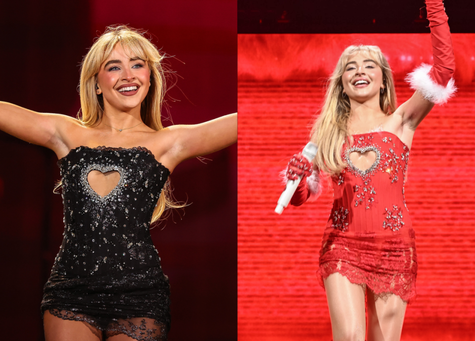 Sabrina Carpenter wears custom Frolov on the "Eras" tour (L) and at KISS108's Jingle Ball (R).<p>Photos: Hector Vivas/TAS23/Getty Images for TAS Rights Management, Dave Kotinsky/Getty Images for iHeartRadio</p>