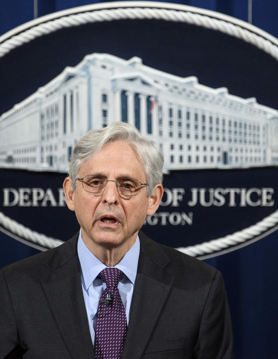 Attorney General Merrick Garland speaks at the Department of Justice in Washington, Monday, April 26, 2021. The Justice Department is opening a sweeping probe into policing in Louisville after the March 2020 death of Breonna Taylor, who was shot to death by police during a raid at her home. (Mandel Ngan/Pool via AP)