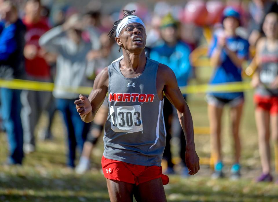 Morton's Josh Weeks takes the title in the Class 2A cross-country sectional Saturday, Oct. 29, 2022 at Black Partridge Park in Metamora. Morton also won the team title.