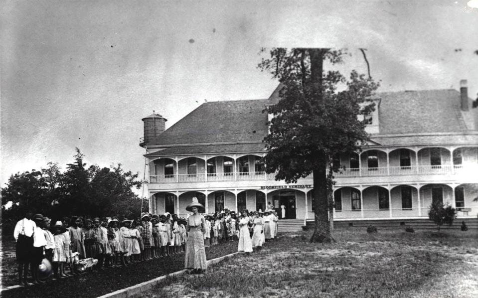 Bloomfield Academy building located near Kemp, in Bryan County. A two story frame building. This school was opened in 1852 by Rev. John Harpole Carr as an academy for Indian females. At the end of the Civil War it was used as a neighborhood school and later as a boarding school. Fire destroyed the building in 1916, and the pupils were transferred to the Hargrove College in Ardmore.