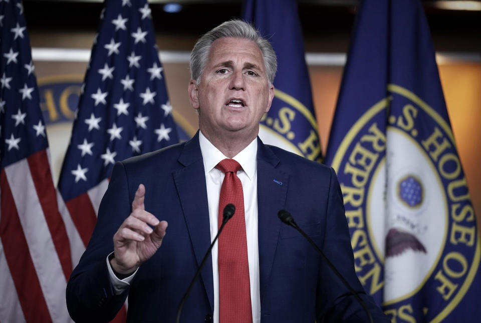 House Minority Leader Kevin McCarthy, R-Calif., gives his assessment of the GOP's performance in the election as he speaks with reporters at the Capitol in Washington, Wednesday, Nov. 4, 2020. (J. Scott Applewhite/AP Photo)