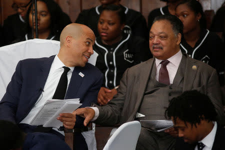 Democratic 2020 U.S. presidential candidate and U.S. Senator Cory Booker (D-NJ) talks with before giving the keynote speech at Brown Chapel AME Church in Selma, Alabama, U.S. March 3, 2019. REUTERS/Chris Aluka Berry