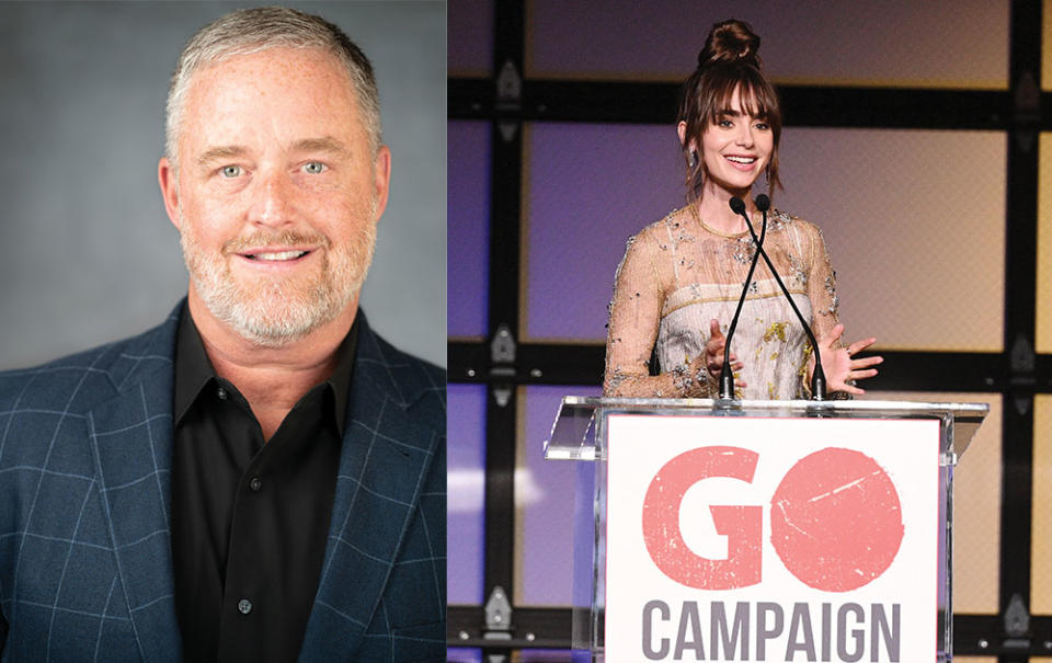 From left: Social Impact Fund executive director Craig Cichy; Lily Collins at the 2022 gala for the Go Campaign, an organization that works to improve the lives of vulnerable children across the globe, which the actress helps fund through her Empowerment Fund.