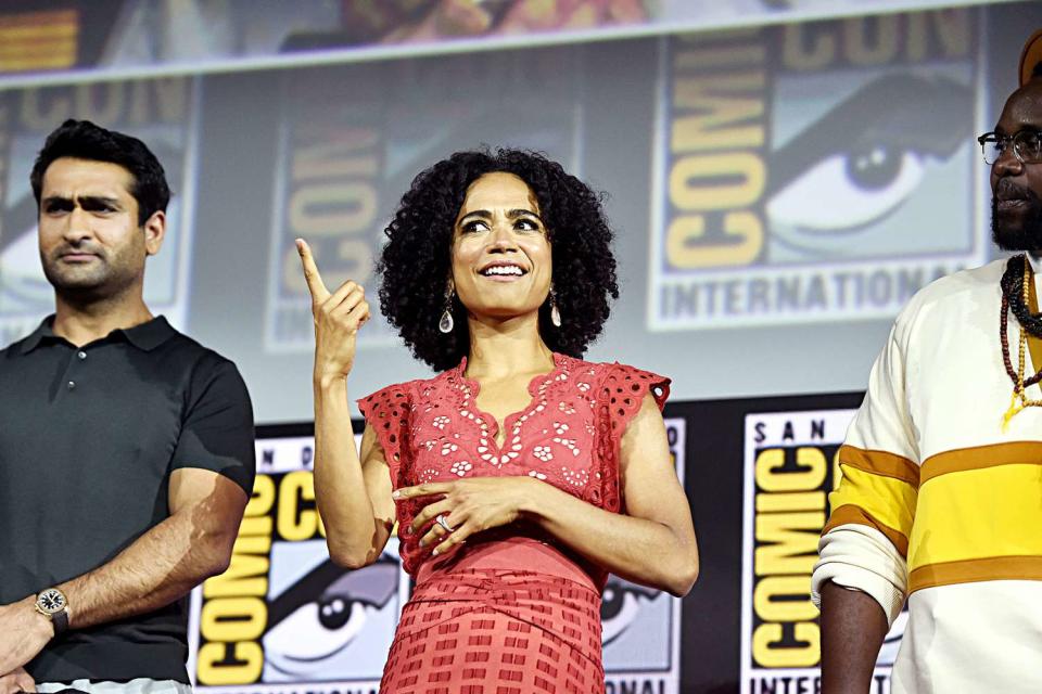 Kumail Nanjiani, Lauren Ridloff and Brian Tyree Henry of Marvel Studios' 'The Eternals' at the San Diego Comic-Con International 2019 Marvel Studios Panel in Hall H on July 20, 2019 in San Diego, California