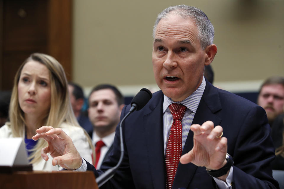 EPA chief Scott Pruitt, accompanied by Holly Greaves, EPA chief financial officer, testifies about the EPA budget during a hearing of the House Energy and Commerce subcommittee Thursday on Capitol Hill. (Photo: Alex Brandon/AP)