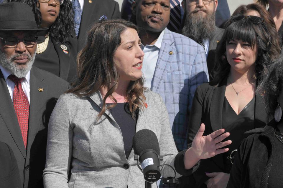 The Missouri House Democratic Caucus addresses reporters about giving local municipalities the authority to regulate guns in their city. Minority House Leader Crystal Quade delivered remarks.