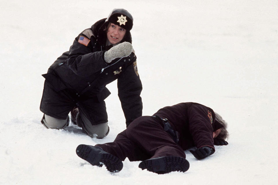 FILE - In this 1996 file publicity photo originally released by Gramercy Pictures, actress Frances McDormand, left, is shown in this scene from the movie "Fargo." When the movie debuted in 1996, many residents in the North Dakota city were not fans of the film’s dark humor, not to mention the heavy accents. But the fame and cash from the movie eventually brought many Fargo residents around. Now, 16 years later, Fargo awaits the debut of a new cable television show by the same name. And many residents are less apprehensive about how their hometown will be portrayed this time around. (AP Photo/Gramercy Pictures, File) NO SALES