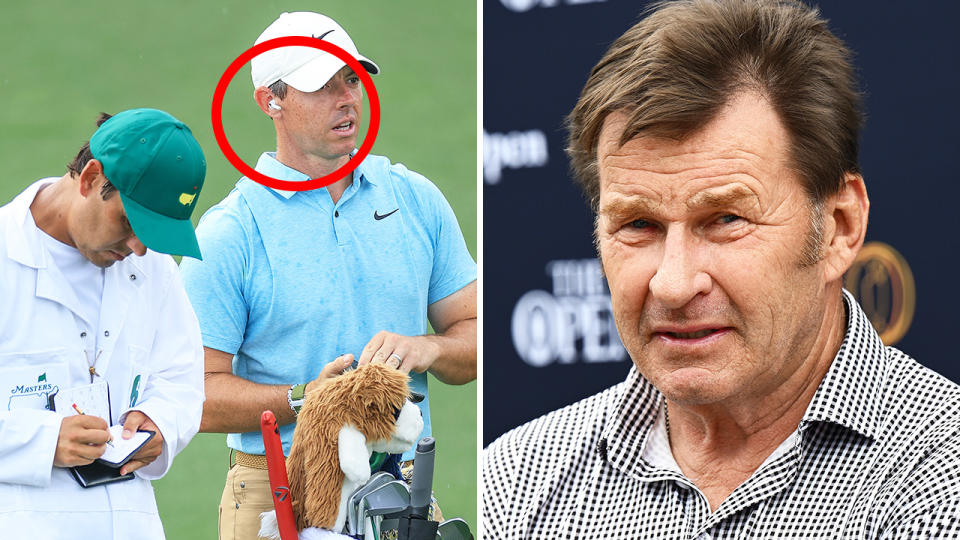 Rory McIlroy is pictured with headphones on in the left side picture, with Nick Faldo on the right.