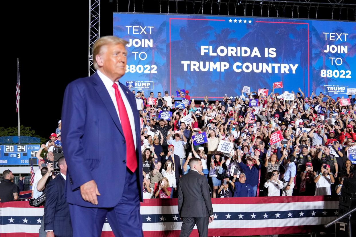 Former President Donald Trump arrives to speak at a campaign rally in Hialeah, Fla., Wednesday, Nov. 8, 2023. (AP)