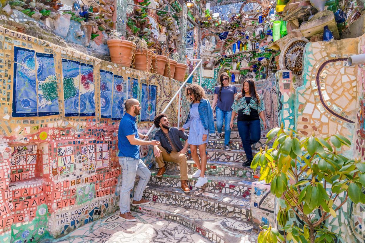 Recycled glass, broken Mexican ceramics, mirror shards, painted tile and more go into artist Isaiah Zagar’s eye-catching display of public art at 10th and South Streets in Philadelphia.