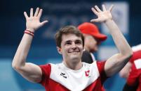 Curling - Pyeongchang 2018 Winter Olympics - Men's Bronze Medal Match - Switzerland v Canada - Gangneung Curling Center - Gangneung, South Korea - February 23, 2018 - Vice-skip Benoit Schwarz of Switzerland celebrates after winning the match. REUTERS/John Sibley