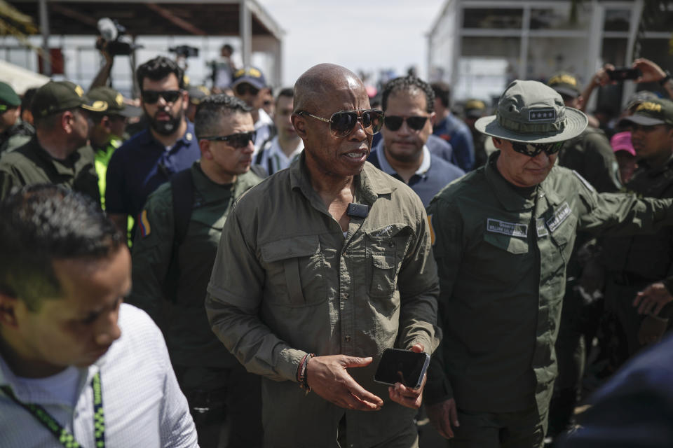 New York City Mayor Eric Adams arrives in Necocli, northern Colombia, Saturday, Oct. 7, 2023. Adams has capped off a four-day trip to Latin America with a visit to the city where thousands of migrants start the trek across the Darien jungle, as they head to the United States. (AP Photo/Ivan Valencia)