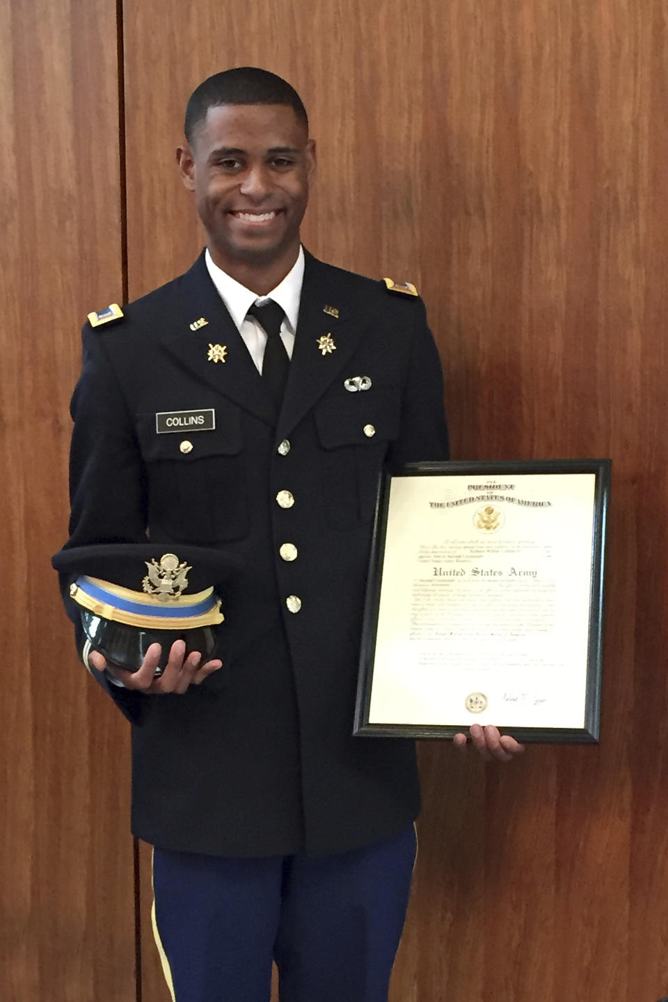 This undated file photo provided by the family of Richard Collins III shows him in his United States Army uniform. A judge has dismissed a hate crime charge against Sean Urbanski, who is charged of fatally stabbing Collins, a black college student at the University of Maryland. The murder trial will continue Wednesday for Urbanski. A defense attorney and a state's attorney's office spokeswoman said Tuesday that a judge agreed to acquit Urbanski of the hate crime charge. Jurors in the case are expected to begin deliberating on Wednesday. (Richard W. Collins Jr. via AP)