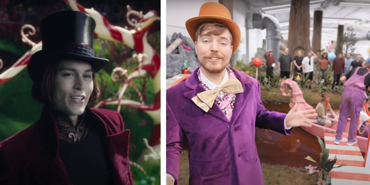 A screenshot of Johnny Depp and Willy Wonka and a screenshot of Mr Beast as Willy Wonka side by side