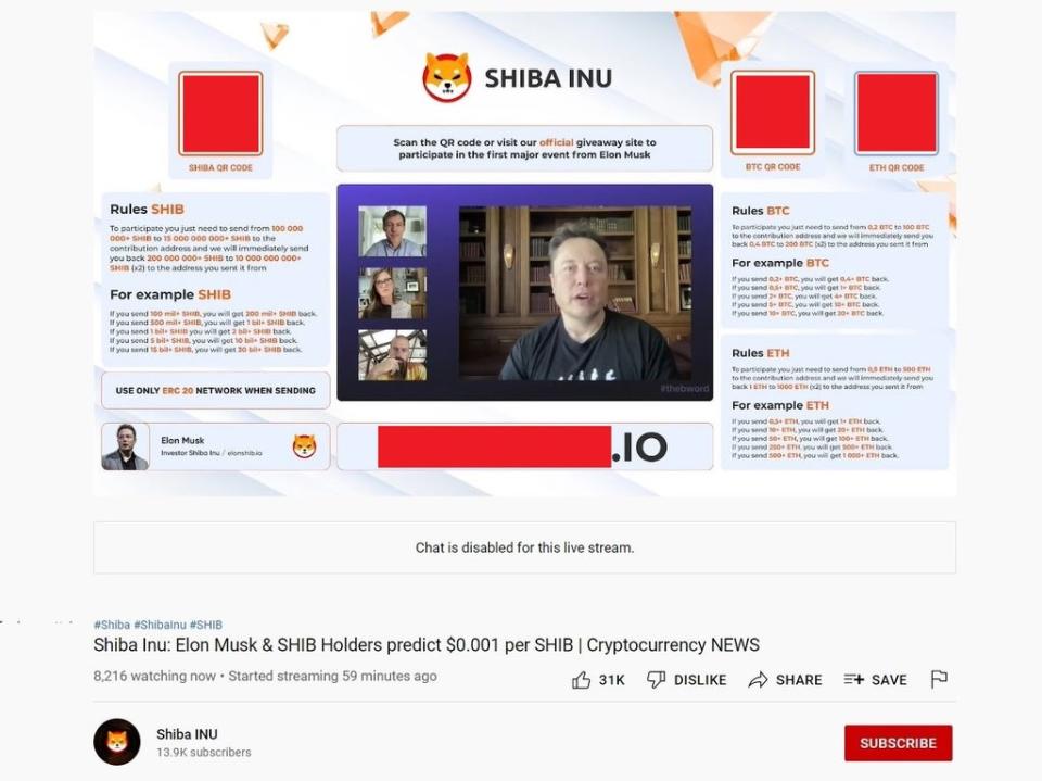 One YouTube channel hosting a fake crypto giveaway had close to 14,000 subscribers (YouTube/ Screengrab)