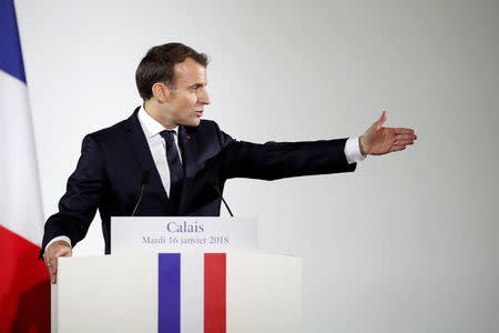 French President Emmanuel Macron delivers a speech to police officers and gendarmes in the Gendarmerie headquarters in Calais, northern France, January 16, 2018. REUTERS/Benoit Tessier