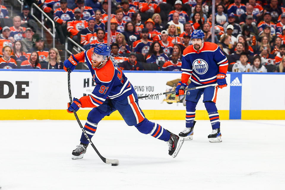 EDMONTON, AB - MAY 27: Edmonton Oilers Center Connor McDavid (97) takes a shot on net in the third period of game three of the Western Conference Final Round Edmonton Oilers game versus the Dallas Stars on May 27, 2024 at Rogers Place in Edmonton, AB. (Photo by Curtis Comeau/Icon Sportswire via Getty Images)