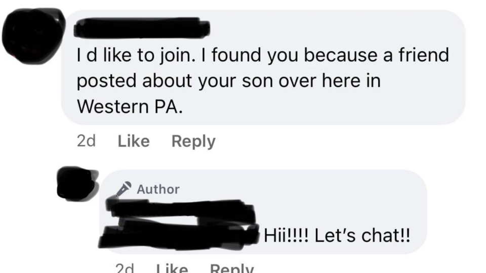 A conversation that shows the reason the person had a rough week was because of their son, who someone had heard about in a neighboring city