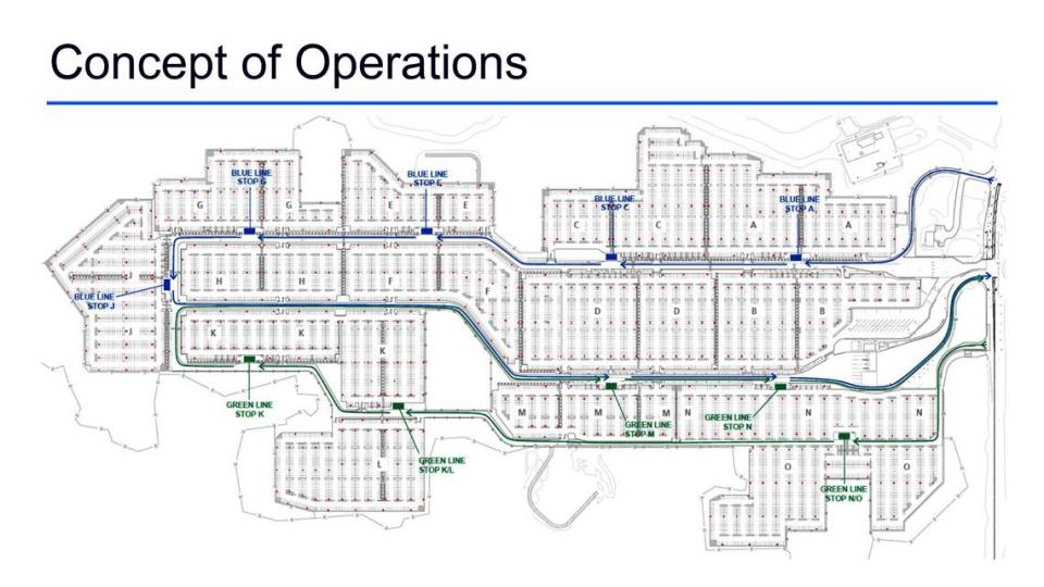 Two bus routes would carry passengers between the terminals and the larger Park Economy 3 remote parking lot at Raleigh-Durham International Airport. This diagram shows the planned routes and stops in the 10,820-space lot.