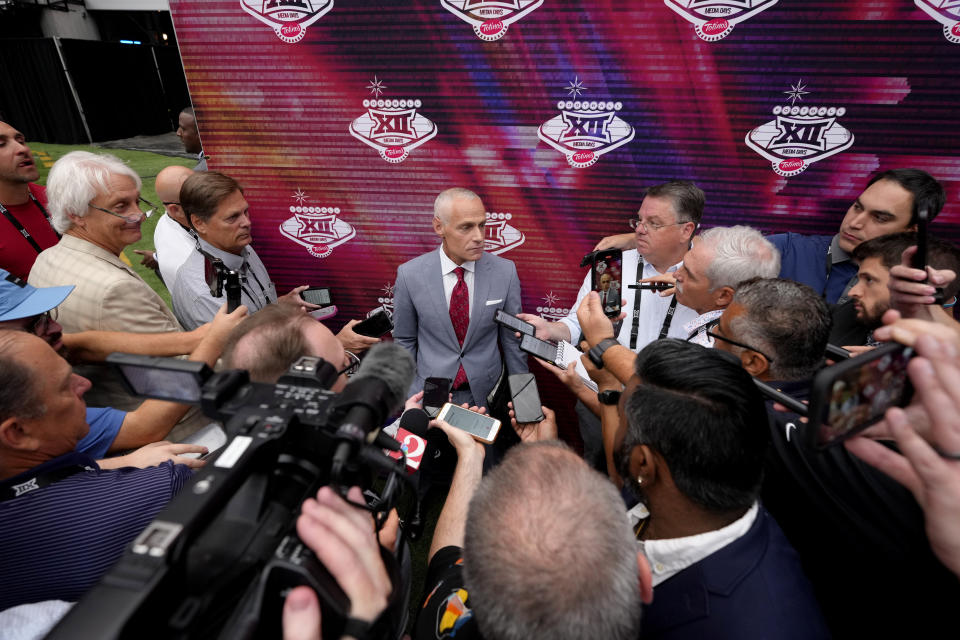 Big 12 Commissioner Brett Yormark answers questions from the media during the Big 12 NCAA college football media days in Las Vegas, Tuesday, July 9, 2024. (AP Photo/Lucas Peltier)