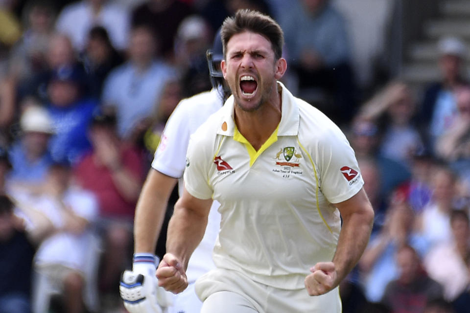 Australia's Mitchell Marsh celebrates after dismissing England's Zak Crawley during the fourth day of the third Ashes Test match between England and Australia at Headingley, Leeds, England, Sunday, July 9, 2023. (AP Photo/Rui Vieira)