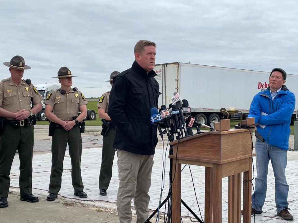 Illinois State Police Director Brendan Kelly addresses the media on a series of fatal crashes along Interstate 55 Tuesday, May 2, 2023.