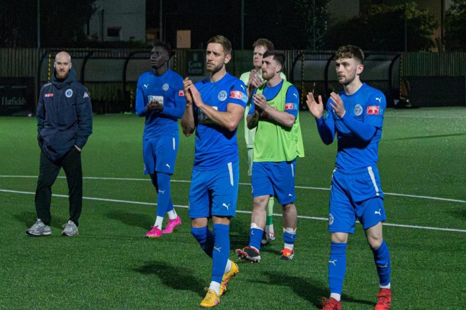 Warrington Rylands players applaud their travelling fans following the play-off defeat at Marine <i>(Image: Mark Percy)</i>