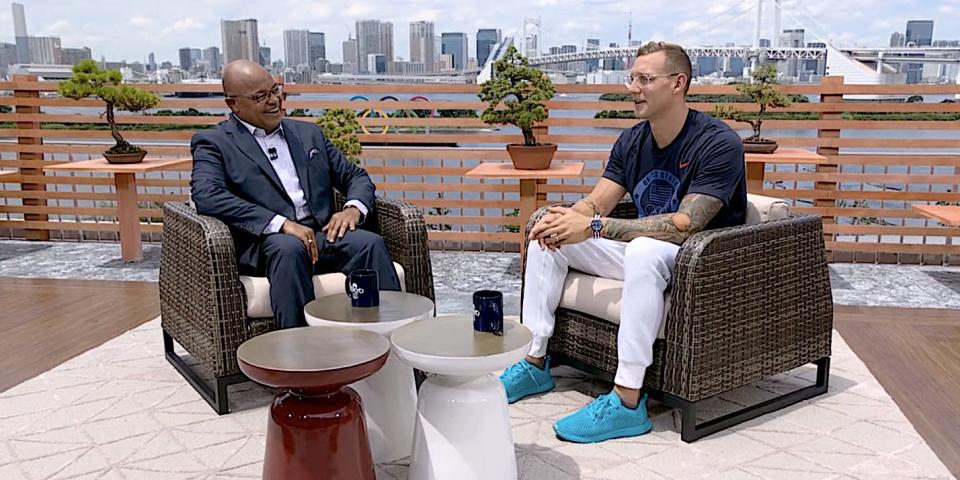 Caeleb Dressel speaks to Mike Tirico at the Tokyo Olympics.