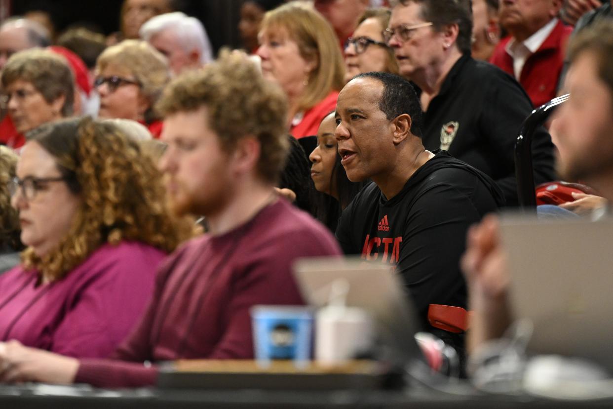 NC State men's coach Kevin Keatts watches the Wolfpack women defeat Tennessee during their second-round game on Monday.