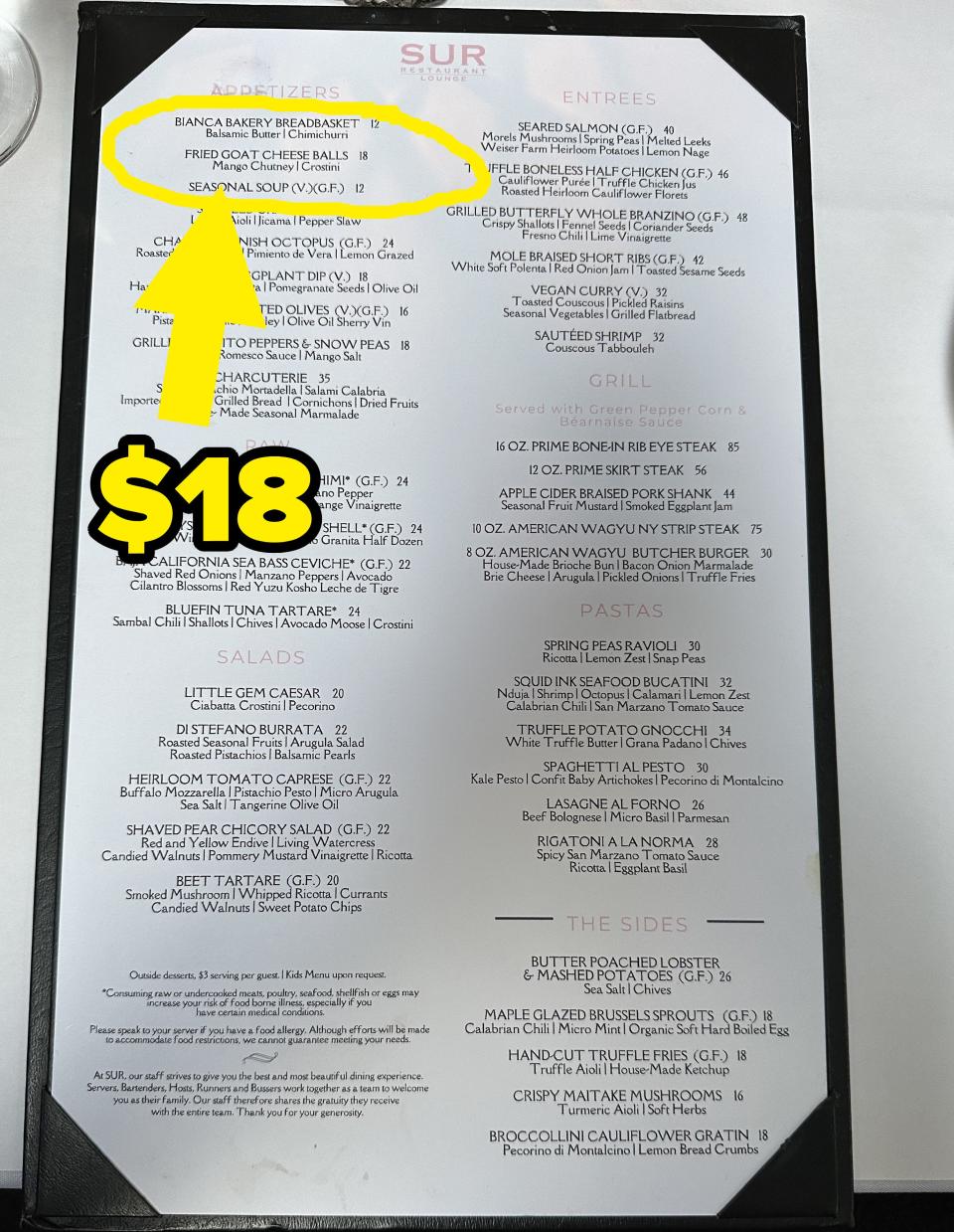 A shot of the regular menu