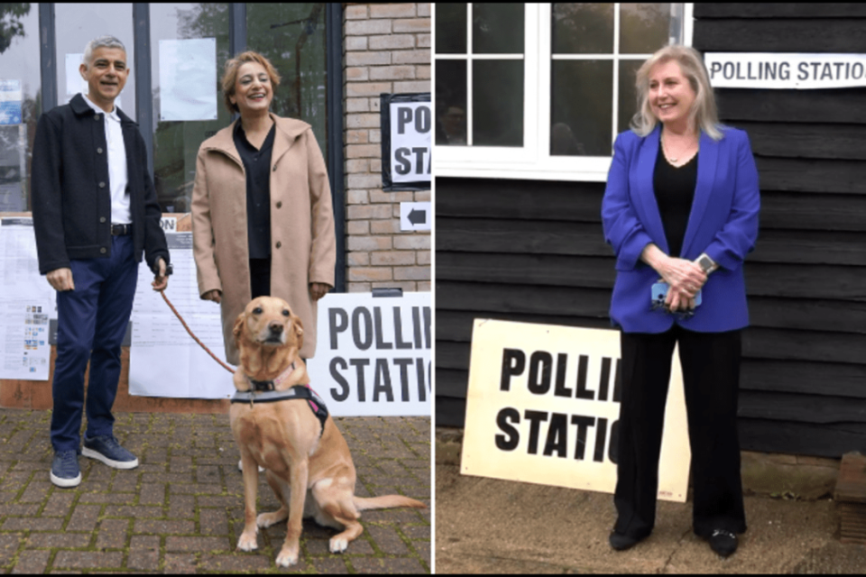 From left, Sadiq Khan with his wife Saadiya Khan and dog Luna, and Susan Hall. Photos: PA