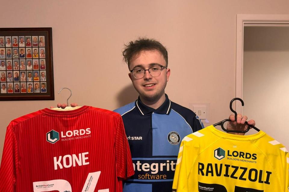 Jayden Wilkins has around 100 shirts in his Wycombe Wanderers shirt collection <i>(Image: NQ)</i>