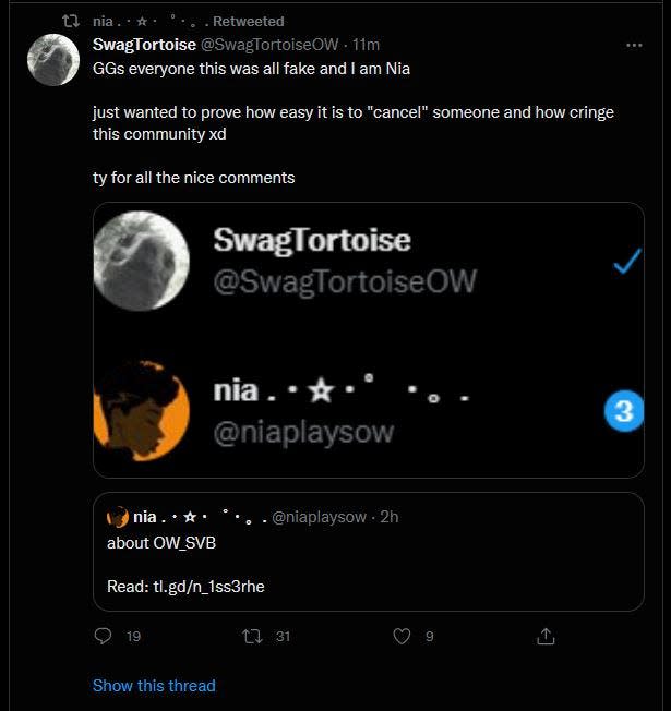 Tweet from @swagtortoiseow that says it's all fake