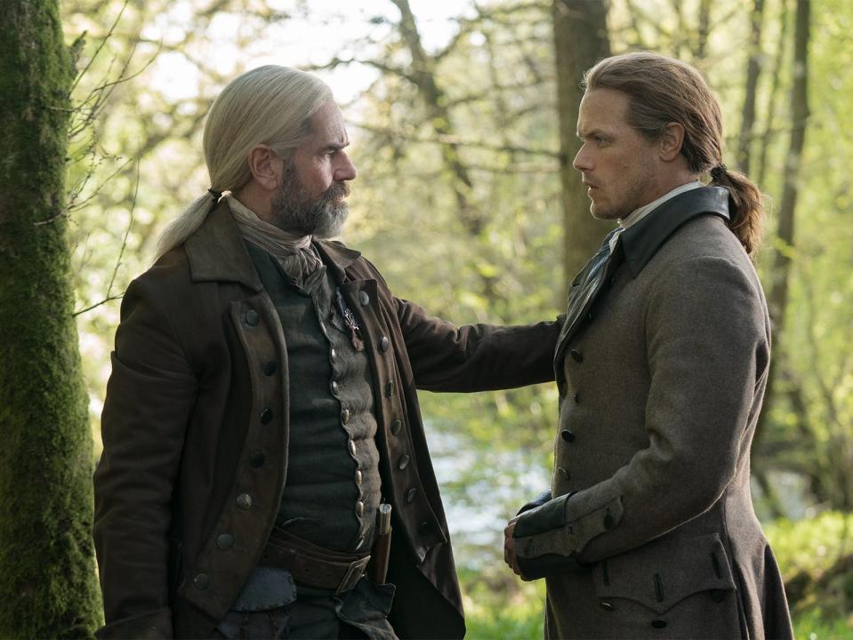 Murtagh Fraser (Duncan Lacroix) and Jamie Fraser (Sam Heughan) in "Outlander" season five.