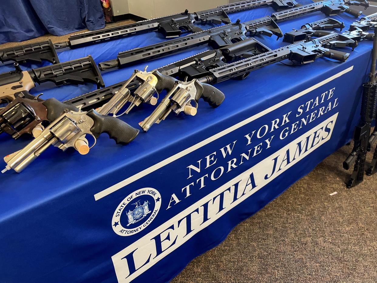 Un-serialized guns, otherwise known at ghost guns, similar to the ones recovered in the drug and gun takedown announced by Attorney General Letitia James at New York State Police Troop K off of Route 44 in Salt Pointon on Wednesday, Feb. 14, 2024.