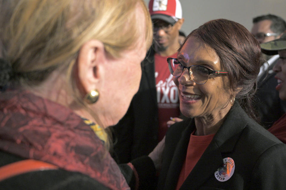 Democratic Baltimore mayoral candidate Sheila Dixon speaks to a supporter during a primary election night watch party, Tuesday, May 14, 2024, in Baltimore. (Karl Merton Ferron/The Baltimore Sun via AP)