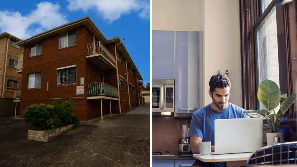 apartment block and young man on computer